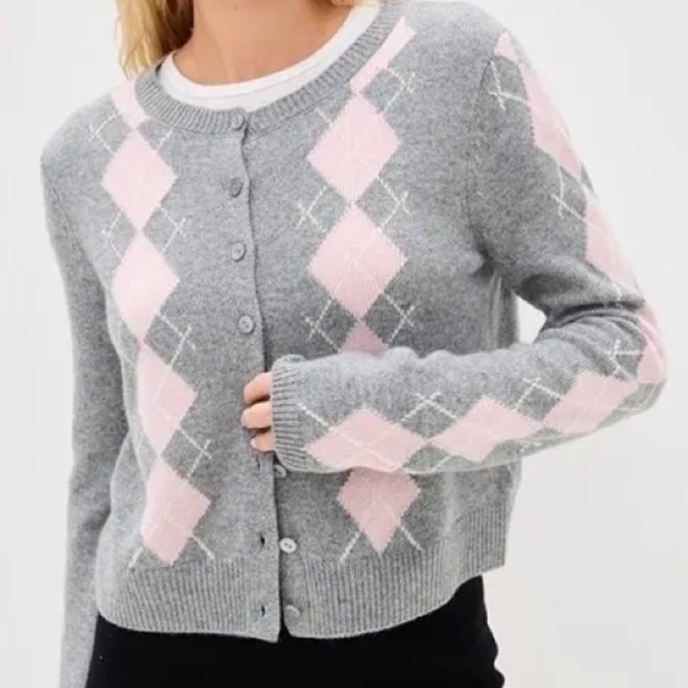 Brand new Clara cardigan grey with pink argyle.
